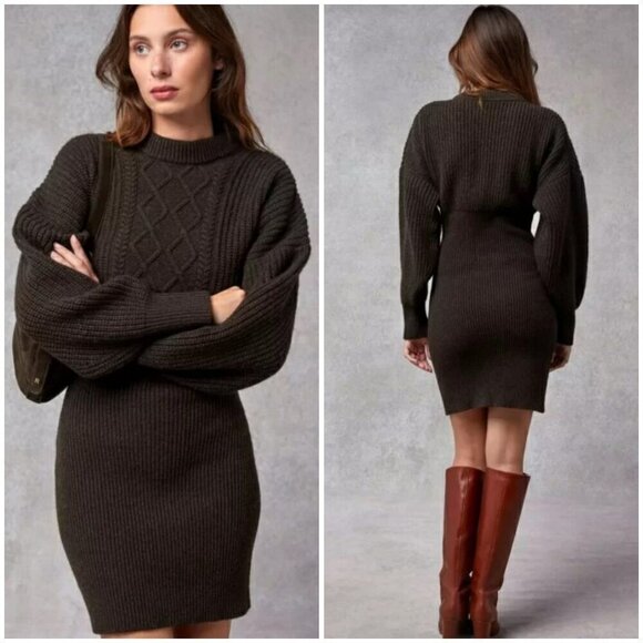 💕ROUJE💕 Simone Cable-Knit Wool Sweater Dress ~ Uni Marron Brown 36 EU NWT - Picture 1 of 16